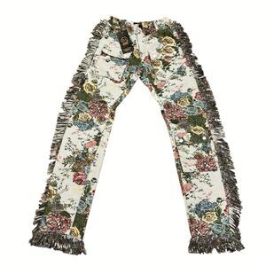 NWT Majestik Jeans Sz M Beige Heavy Jacquard Tapestry Fringe Floral TA2374 New